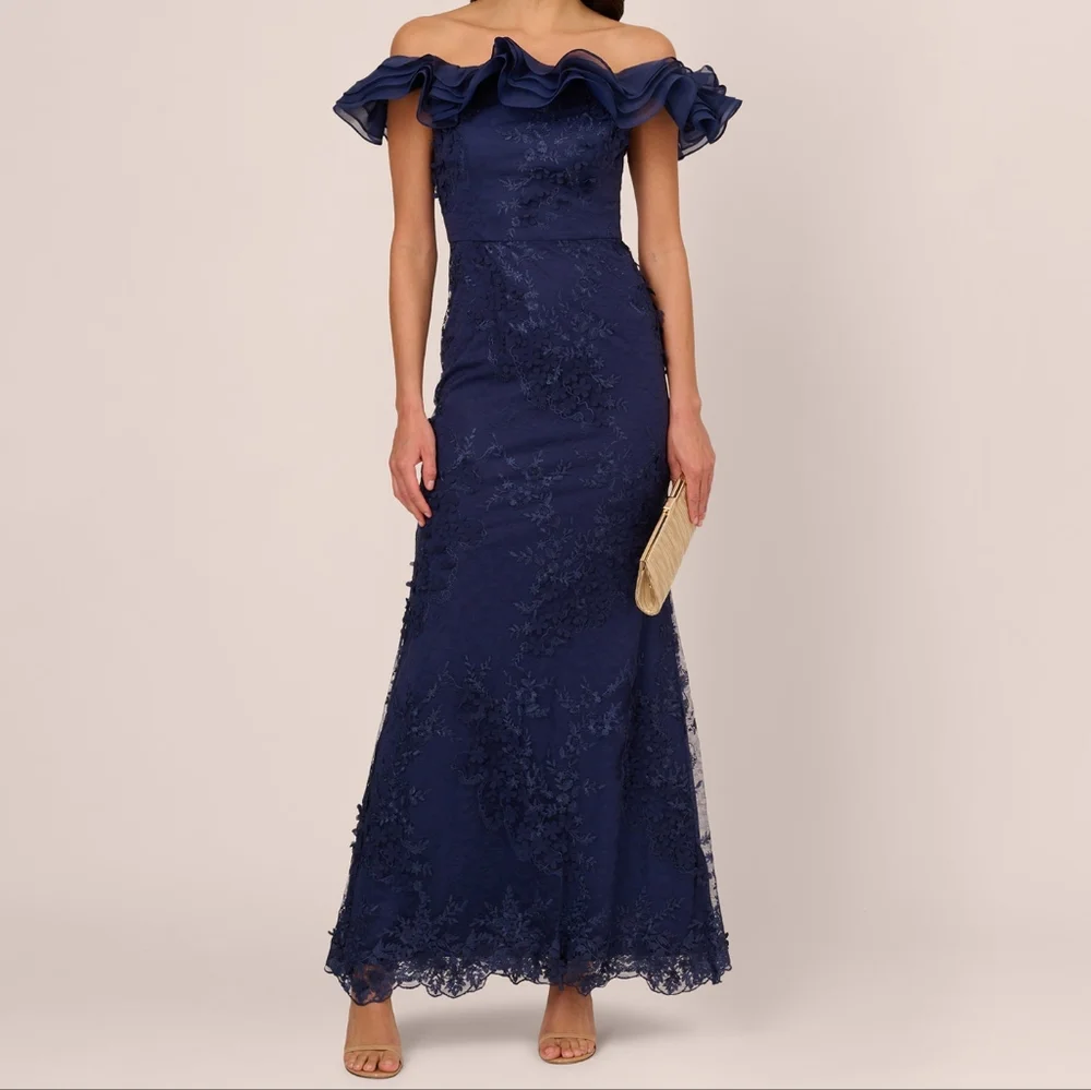 NWT Adrianna Papell Navy Blue Floral Ruffle Off The Shoulder Gown 4 - Picture 1 of 7